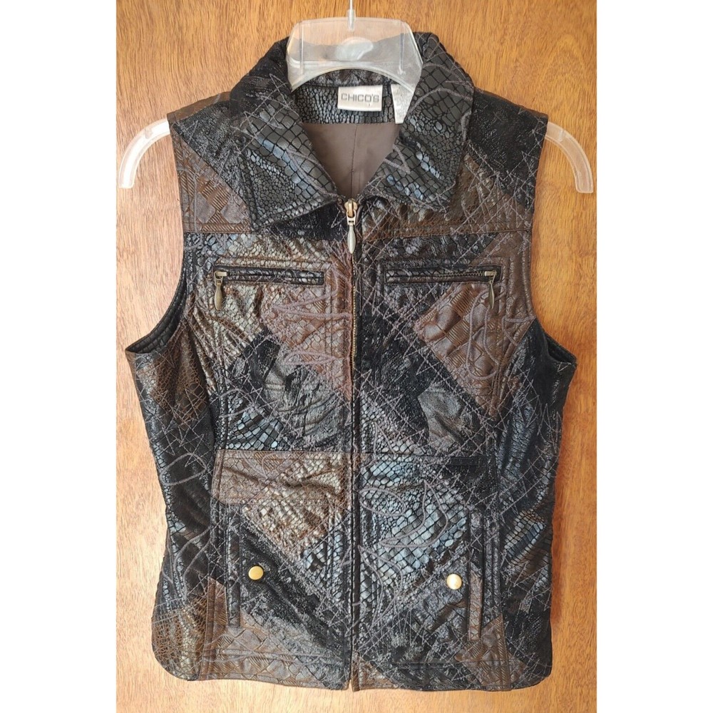 Chico's size 0 (S/4) brown and black faux leather flocked biker full zip vest